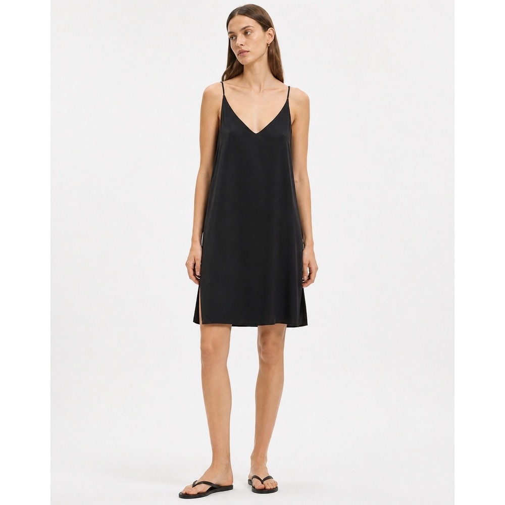 Grana Womens Black 100% Chinese Silk V-Neck Spaghetti Strap Slip Dress Size M